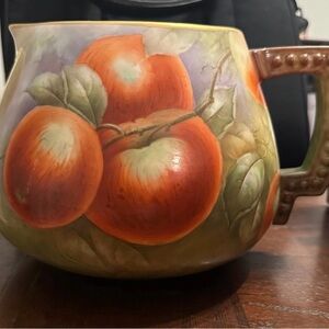 Antique American Belleek Porcelain Hand-Painted Cider Pitcher Fruits & Leaves